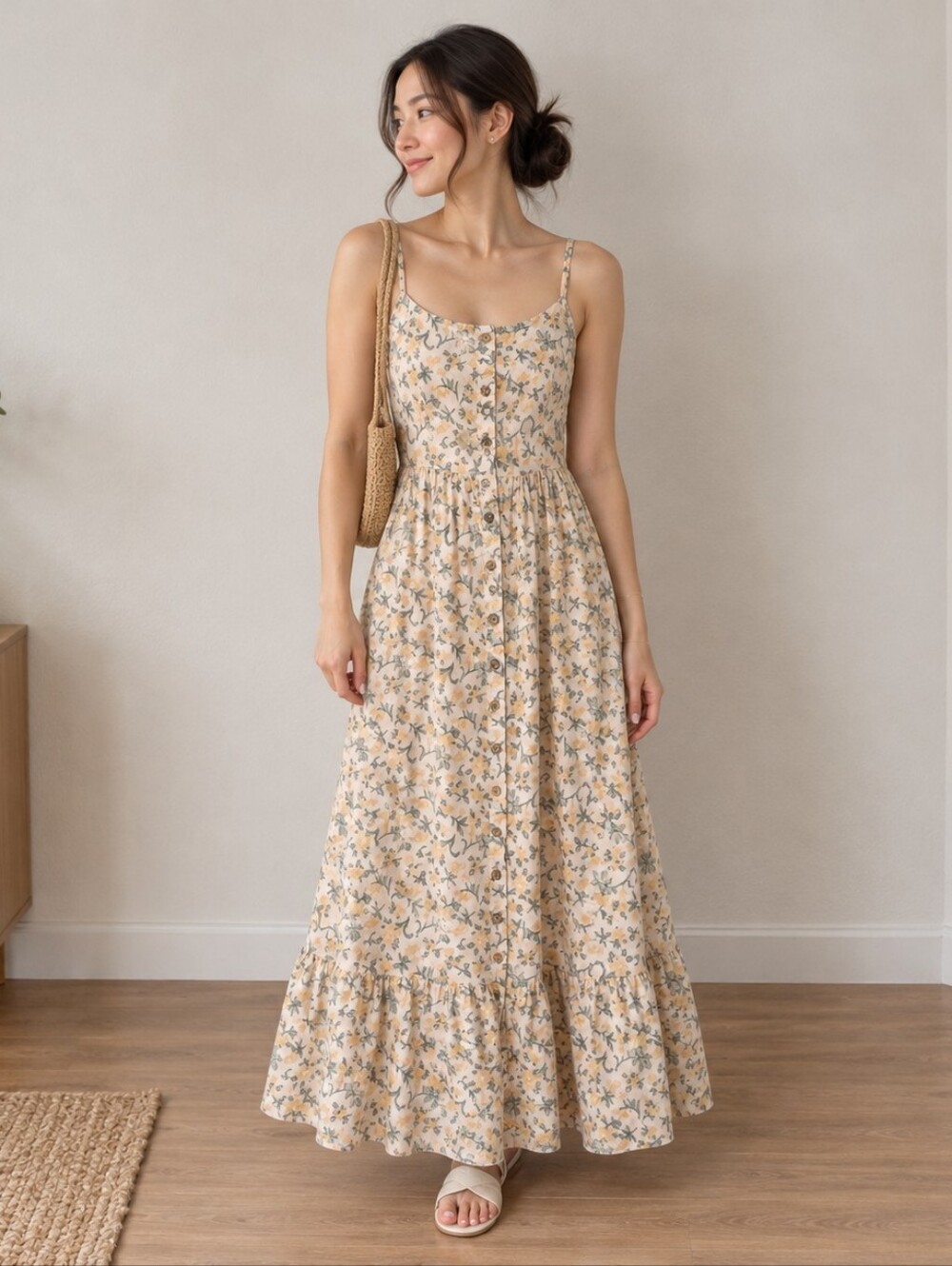 Sleeveless Yellow Floral Maxi Dress with Button Front